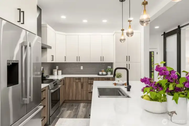 Stainless appliances and cool fixtures