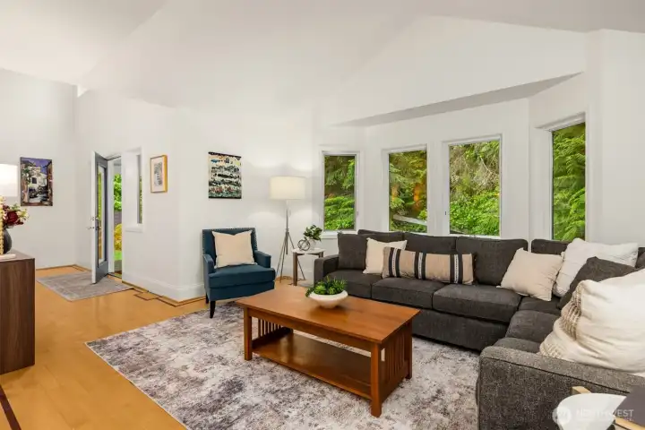 From this photo you can see the front door and the Bay Window behind the couch.