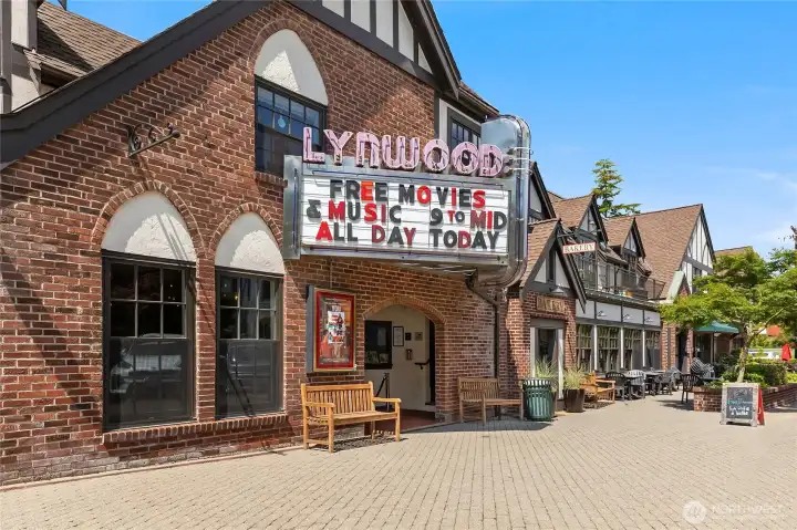 The Lynwood Theatre, a great restaurant to the left and another on the right.