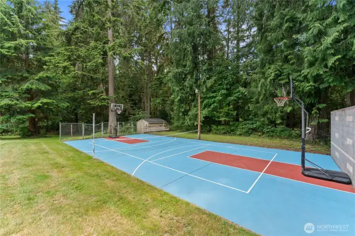Full-sized sports court for pickleball and basketball.
