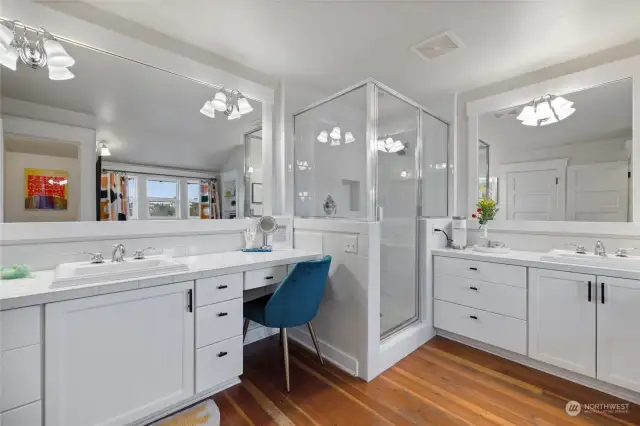 Double sink areas provide plenty of counter space for two individuals starting their days.