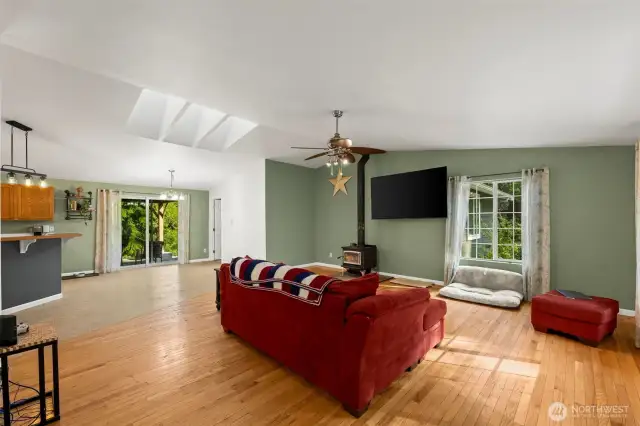 Living Room with wood buring fireplace
