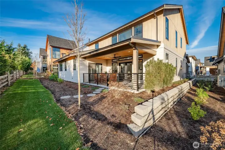 Custom metal railing surrounds patio, dimmable lighting sets the mood while the ceiling fan cools you during the warmer season. Private patio is also plumbed for natural gas to service outdoor BBQ.