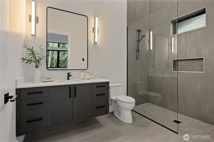 ensuite 3/4 bath with heated tile floors