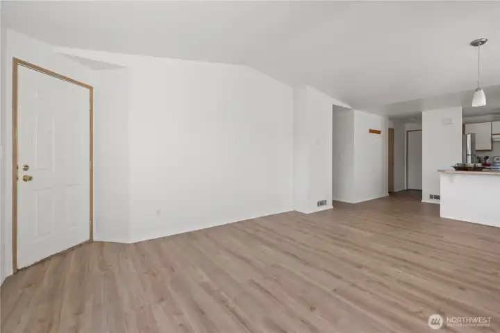 Spacious Living Room with adjacent Kitchen area