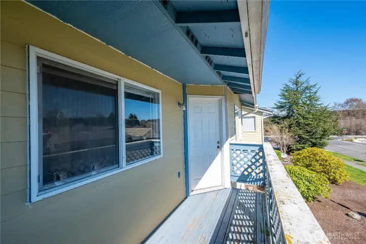 Primary Bedroom window faces the Balcony and the doorway back into the Living area.