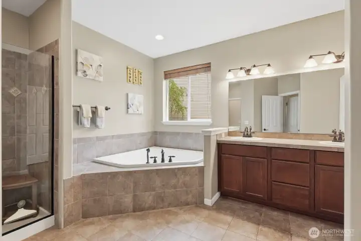 Primary bathroom with large soaking tub, double sinks and walk-in closet