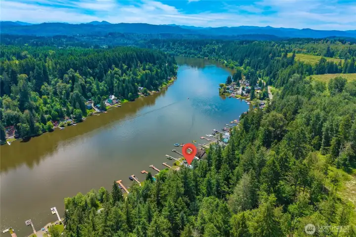 Overhead view of the lake and cabin location.