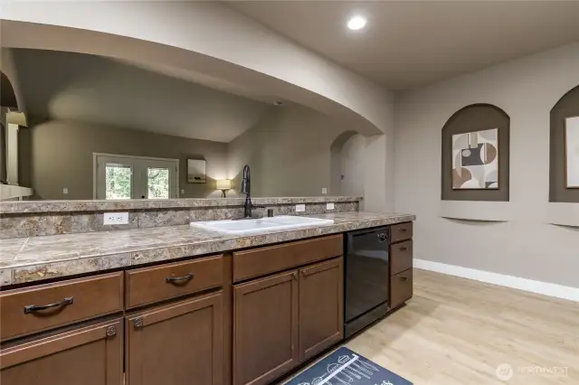 Kitchen overlooks the living room
