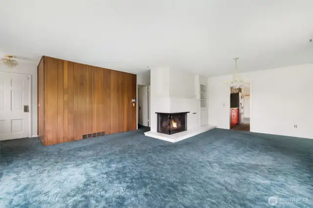 fireplace in the living room and dining area