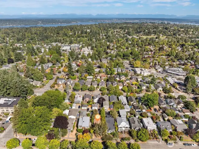 Aerial photo looking east. From this photo you can see Lake Washington. Coveted Maple Leaf neighborhood. Only minutes to UW, Children's, downtown, Amazon and 520. Walking distance to light rail, cafes, restaurants and grocery stores.