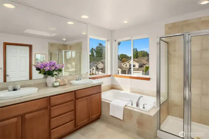 Primary bathroom with walk-in closet.