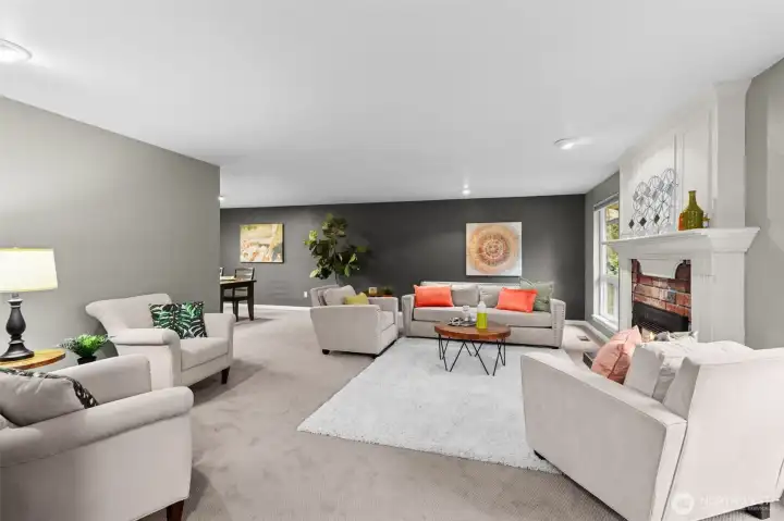 The long living room includes plenty of wall space for art, a music or library nook and more.