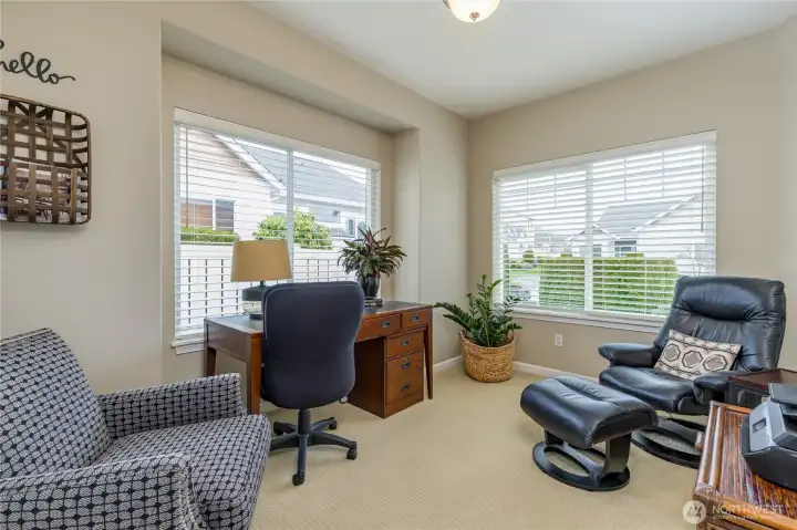 The sun-drenched den/office offers a flexible space for work, hobbies, or a cozy reading nook