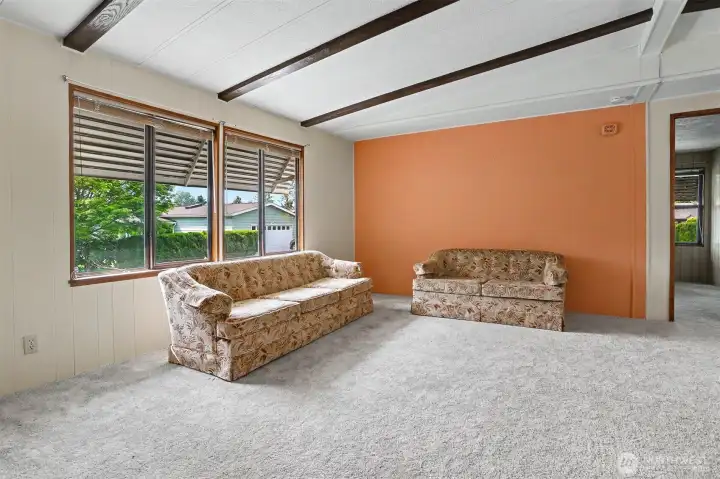 Formal living room with vaulted ceilings and western exposure.