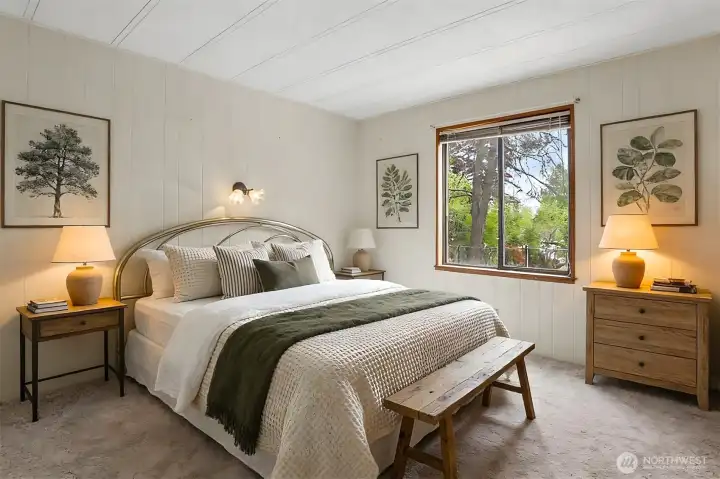 2nd bedroom, overlooks the greenbelt, trail and creek.  Virtually staged photo.