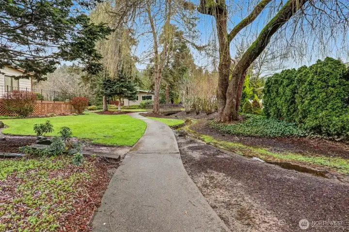 View of home (on the left) from the community greenbelt/trail along the creek.
