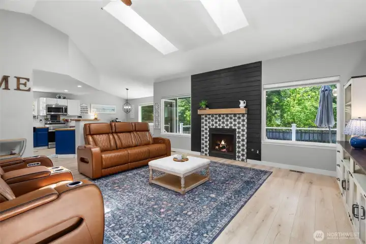 The great room, kitchen and dining area have a seamless flow.