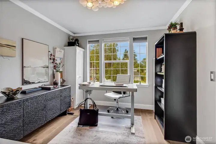 The third bedroom is thoughtfully designed with a walk-in closet and custom organization systems for abundant storage. The third bedroom is thoughtfully designed with a walk-in closet and custom organization systems for abundant storage.