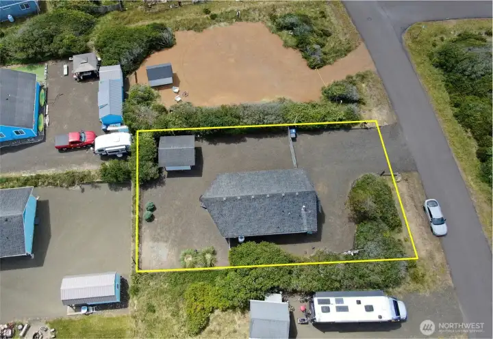 Aerial view with approximate property lines.