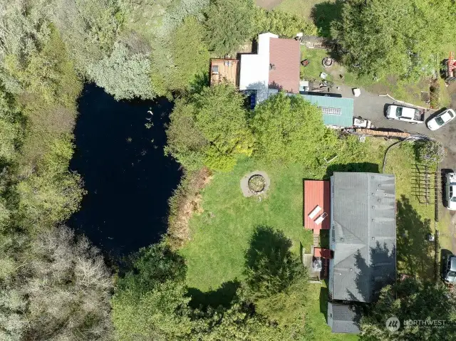 Drone view showing pond