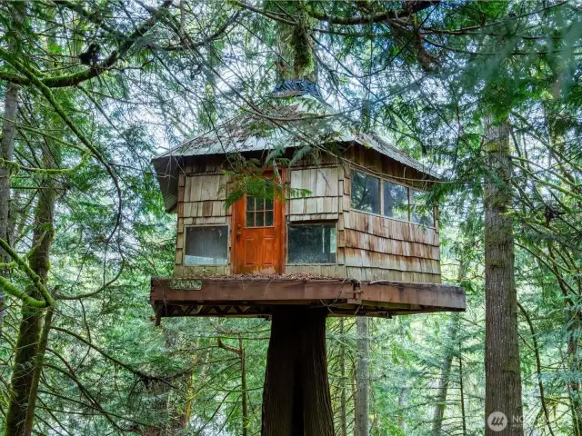 An elevated sanctuary with wrap-around deck, this one-of-a kind hand-built structure is included on the property.