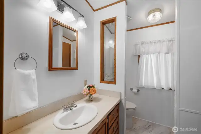 Primary bath also has medicine cabinet and large linen storage closet
