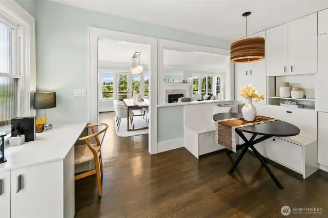 Breakfast nook is like a command central for the home; the perfect flow from kitchen to living.