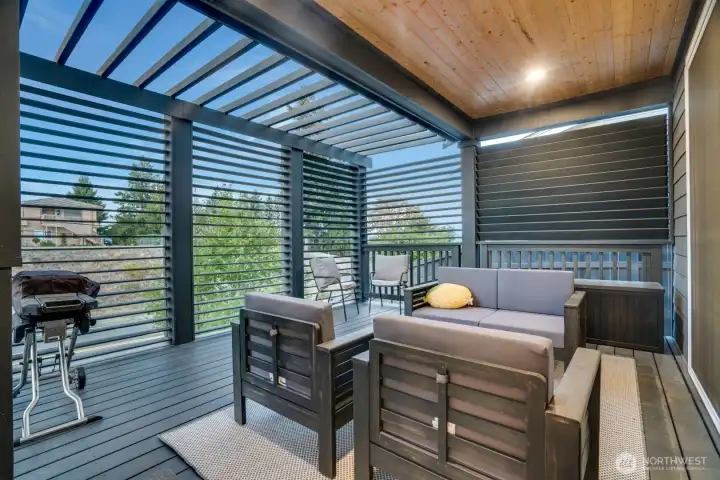 Manually close the blinds and enjoy complete privacy, Use this space year round for BBQ'ing and enjoying