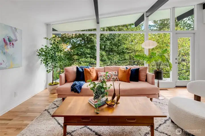 Living room with full wall of windows.
