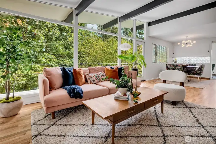 Living room flows into dining room.