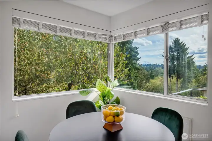 Enjoy coffee or a meal with a view of Mt Rainier.