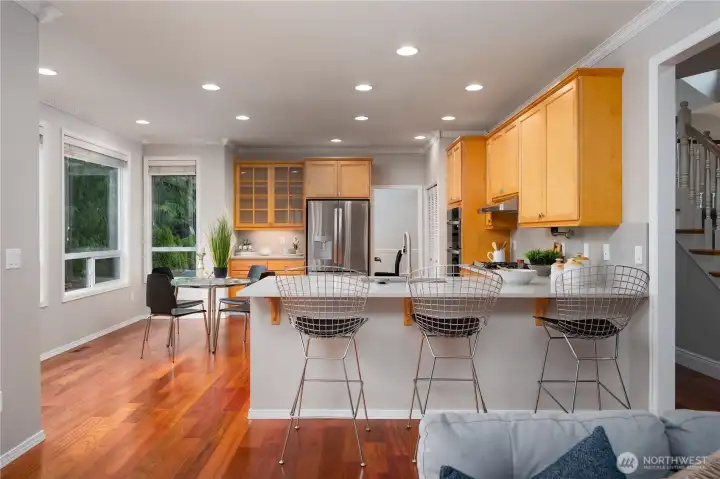 Room for three at the kitchen counter bar.