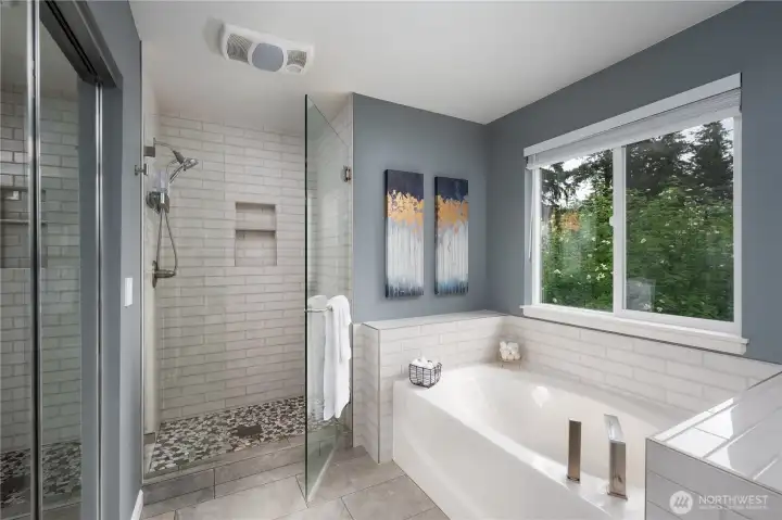 Heated floors and heated fan above the shower.