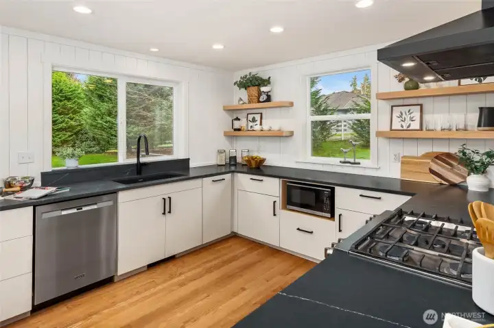 Recent Kitchen Remodel. Honed Quartz Counters, Custom Floating Shelves, Mosaic Backsplash