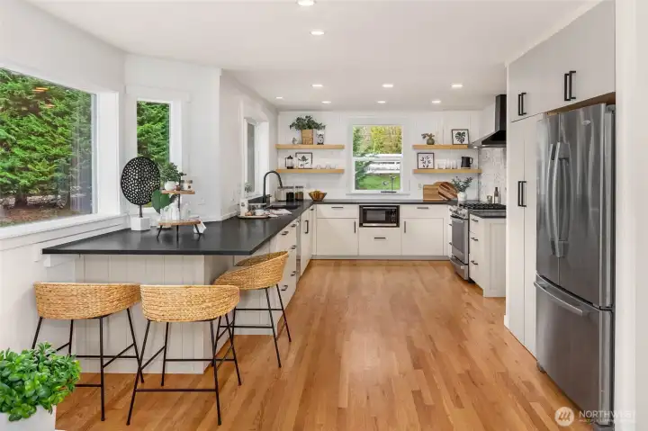 Recent Kitchen Remodel. Honed Quartz Counters, Custom Floating Shelves, Mosaic Backsplash