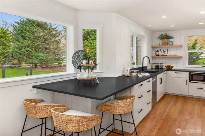 Recent Kitchen Remodel. Honed Quartz Counters, Custom Floating Shelves, Mosaic Backsplash