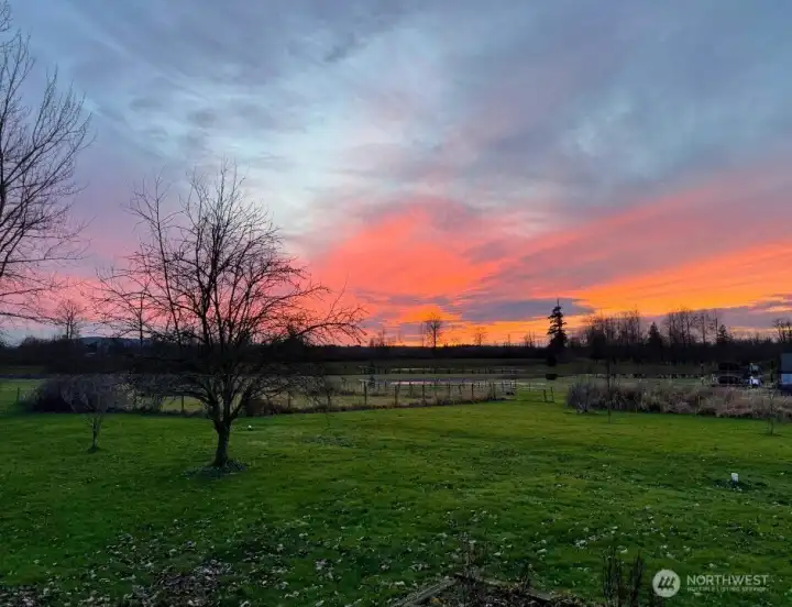 Sunset view emphasizes the peaceful rural  atmosphere and open skies. A daily reminder  of the lifestyle this property provides.