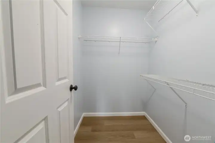 Primary suite includes a walk-in closet with built-in shelving and ample storage space