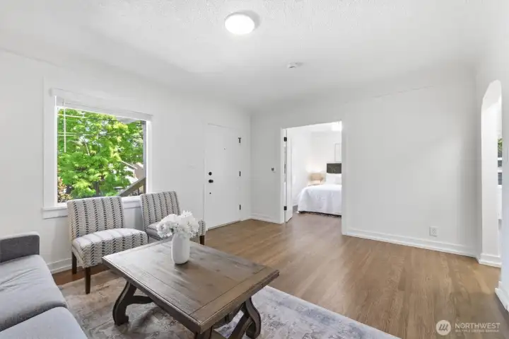 This angle looks back towards one bedroom and shows the hallway to the right leading to the bathroom and second bedroom. This angle looks back towards one bedroom and shows the hallway to the right leading to the bathroom and second bedroom.