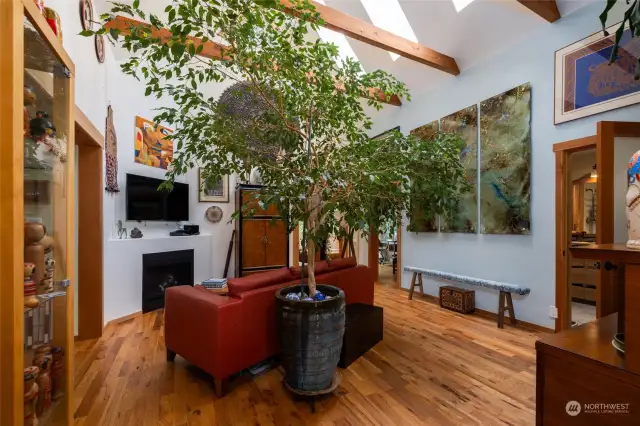 Overhead beams add to the charm of this cathedral ceiling space.