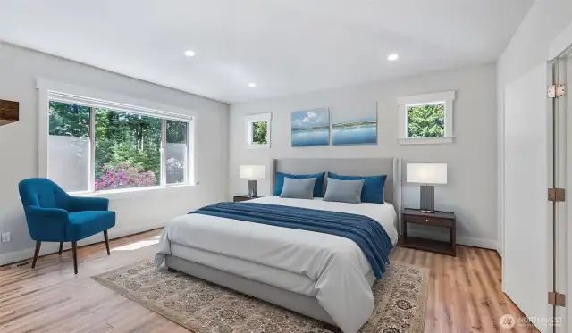 Virtually staged primary bedroom, very spacious.