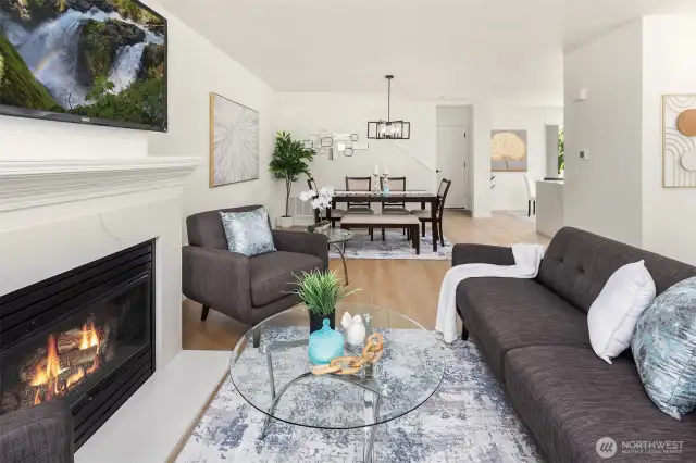 Looking to Dining Area From Living Room Gas Fireplace with Quartz Facing & Hearth