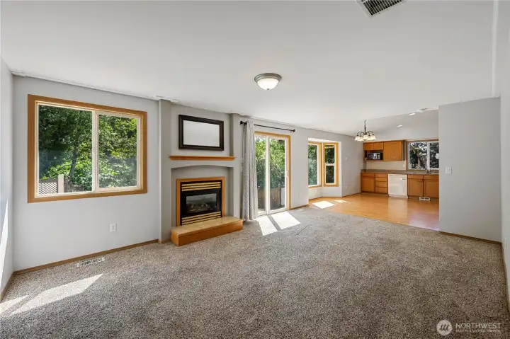 Cozy family room with fireplace and peaceful backyard views.
