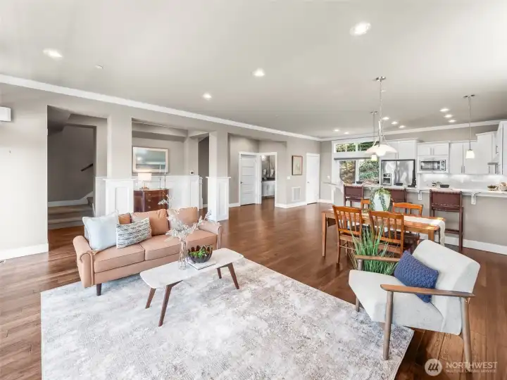 Natural light floods the great room kitchen space