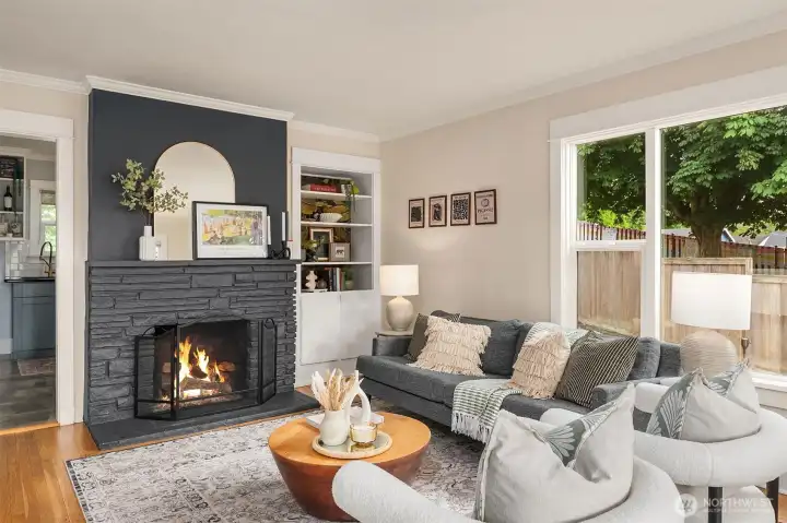 Cozy wood-burning fireplace