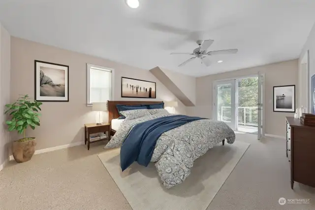 Wake up to a view of Mt Rainier from the deck off the primary suite which has a 3/4 bath and an abundance of closet space. There are 2 other bedrooms on the upper level that share a Jack & Jill bathroom and a washer and dryer are located in the hallway.