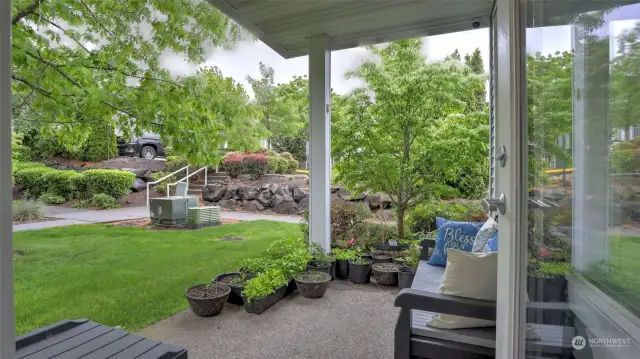 This covered patio is the perfect space to enjoy your morning coffee.