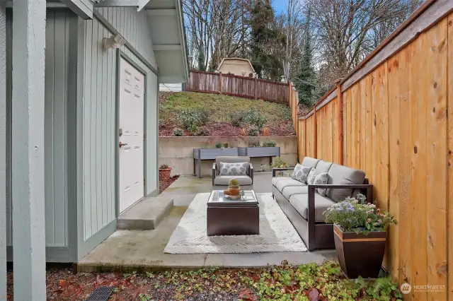 Patio and Detached Studio.  Virtually staged photo.