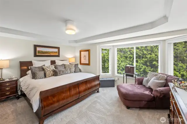 The primary suite host sitting area, coffered ceilings and bay window shows off the amazing backyard.